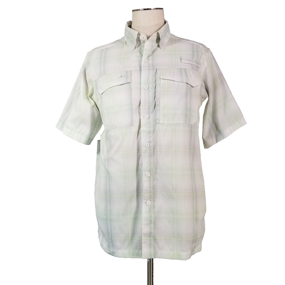Habit shirt men's medium beige plaid short sleeve outdoor vented fishing